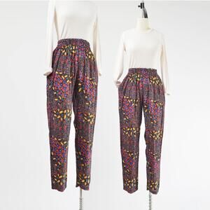 Vintage Boho Abstract Print Pants Gauze Elastic Waist Tapered Leg Harem Pants XS